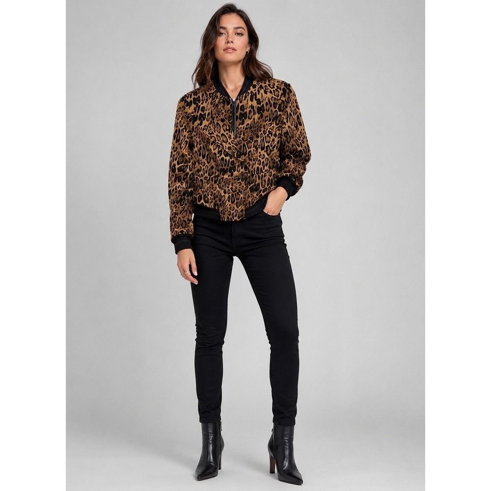 Trouve Mob Wife Bomber Jacket Womens XXS Brown Animal Print Peplum Hem Full Zip